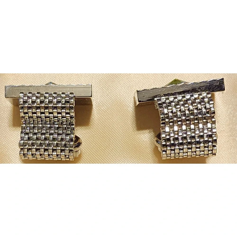 VTG New Michelangelo Collection Silver Tone Mesh Cufflinks Iridescent Crystal